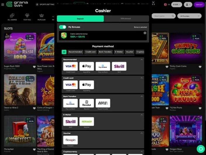 GranaWin cashier screenshot: GranaWin cashier on the Deposit tab listing Visa and Mastercard Apple Pay Pay via Bank Skrill Revolut Rapid Neteller and Flexepin