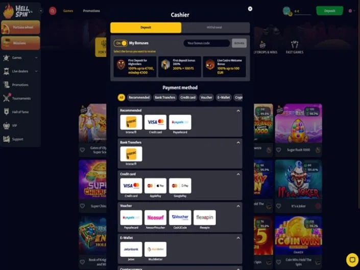HellSpin cashier screenshot: Visa and Mastercard Apple Pay Google Pay Paysafecard Neosurf CashtoCode Flexepin Jeton and MuchBetter
