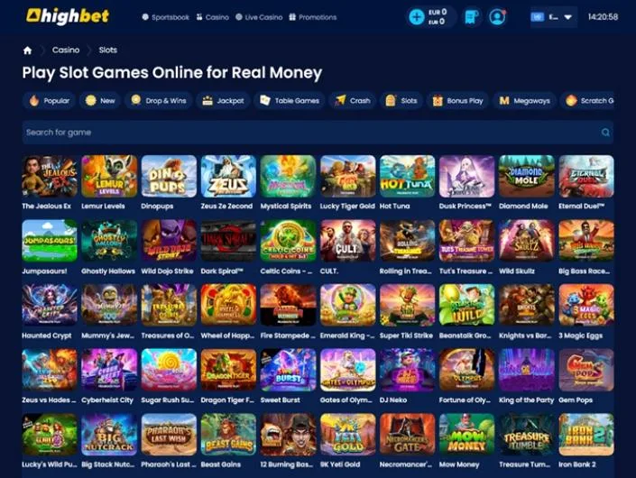 Highbet games lobby screenshot: Highbet 'Play Slot Games Online for Real Money' lobby with category tabs and a large slot grid