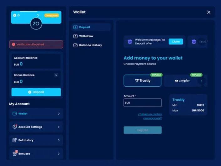 Highbet cashier screenshot: Highbet wallet on the Deposit tab with Trustly and Zimpler as payment sources and Trustly limits of 5 to 5,000 EUR