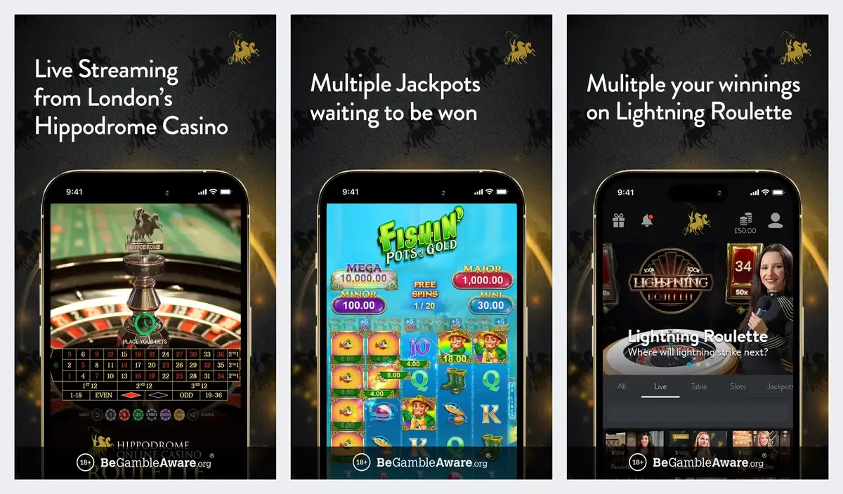 Hippodrome Online app screenshots from its app store listing: live roulette streamed from the Hippodrome and jackpots