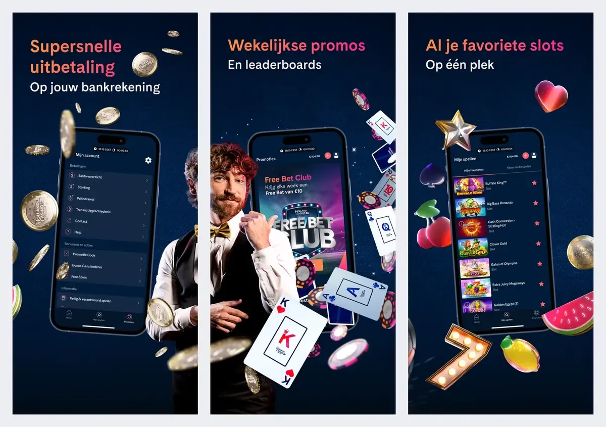 Holland Casino Online app screenshots from its app store listing: "supersnelle uitbetaling" to a bank account and slots