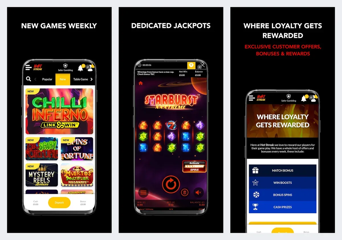 Hot Streak Casino app screenshots from its app store listing: new games, jackpots and loyalty