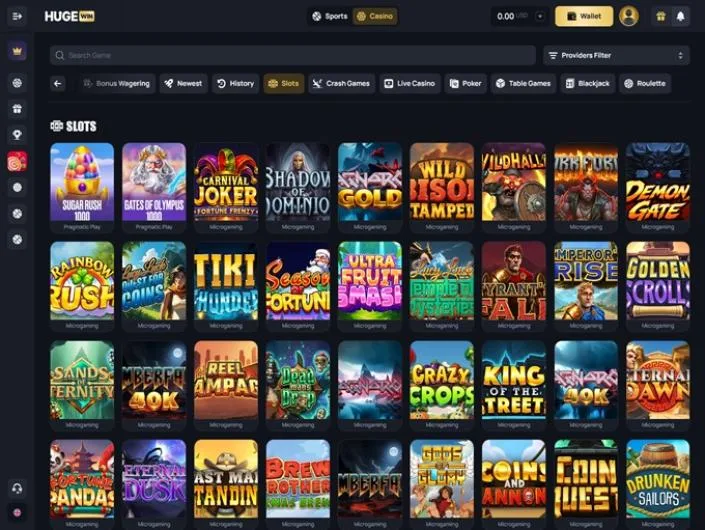Hugewin games lobby screenshot: HugeWin slots lobby with category tabs and a grid of Microgaming and Pragmatic titles such as Sugar Rush 1000