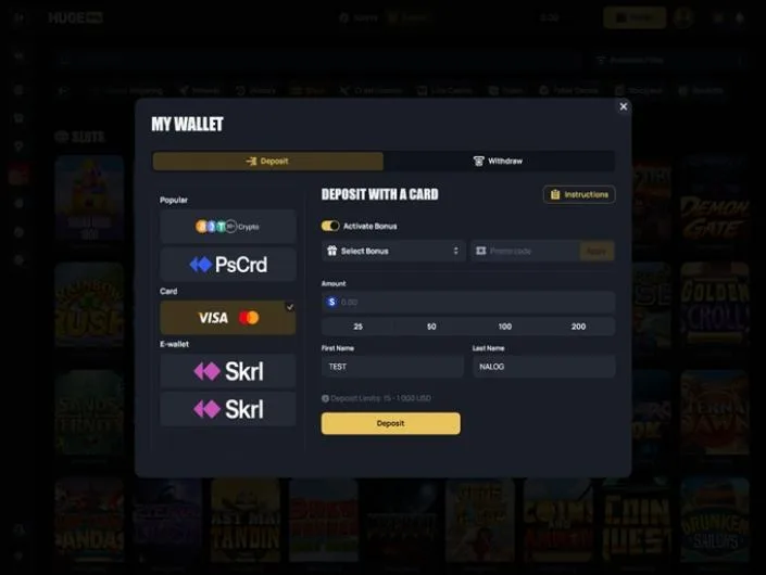 Hugewin cashier screenshot: HugeWin wallet on the Deposit tab with card deposit selected, a 15 to 1,000 USD limit, and Crypto PsCrd Visa/Mastercard and Skrill options
