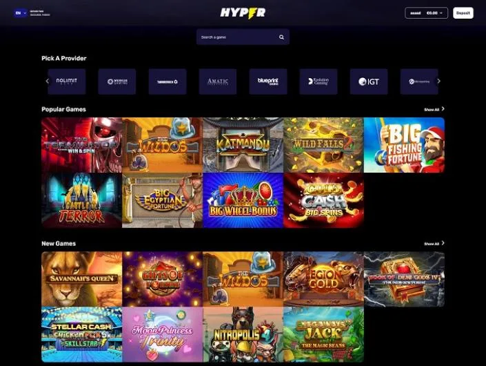 Hyper Casino games lobby screenshot: Hyper Casino lobby with a provider picker Popular Games and New Games rows