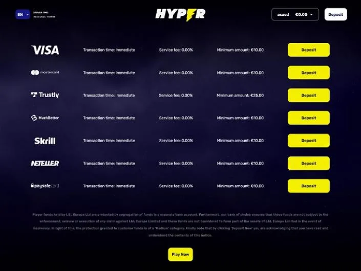 Hyper Casino cashier screenshot: Hyper Casino payment table listing Visa Mastercard Trustly MuchBetter Skrill Neteller and paysafecard, each with immediate transaction time, 0.00% fee and a 10 or 25 EUR minimum