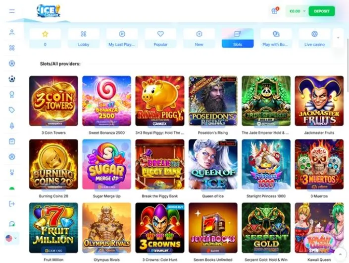 Ice Casino games lobby screenshot: Ice Casino slots lobby with category tabs and tiles such as 3 Coin Towers and Sweet Bonanza 2500
