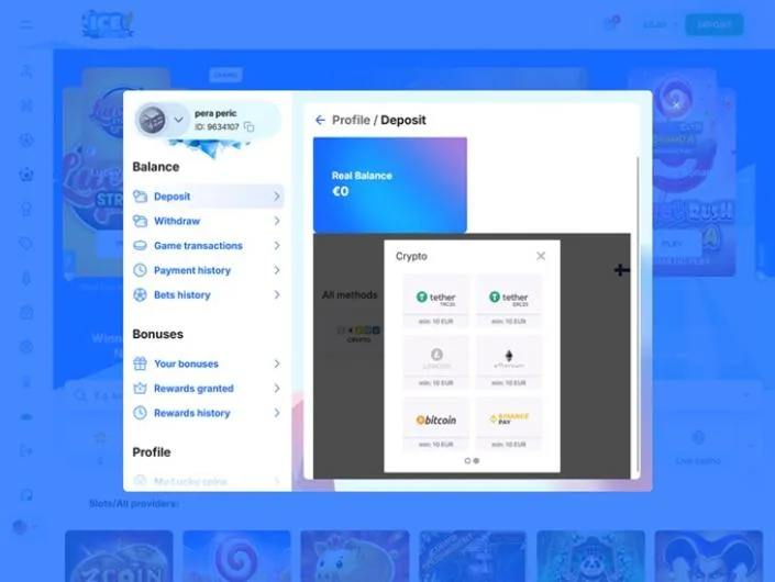 Ice Casino cashier screenshot: Ice Casino profile deposit screen with the Crypto methods pop-up listing Tether TRC20 and ERC20 Litecoin Ethereum Bitcoin and Binance Pay with 10 EUR minimums