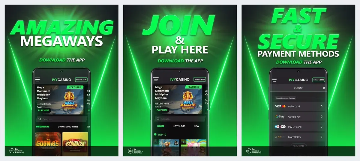 Ivy Casino app screenshots from its app store listing: Megaways and "fast & secure payment methods"