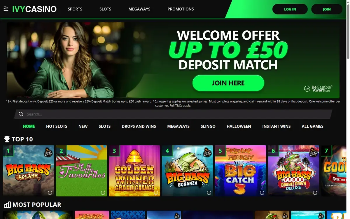 Ivy Casino lobby with a deposit match welcome offer and the top ten slots