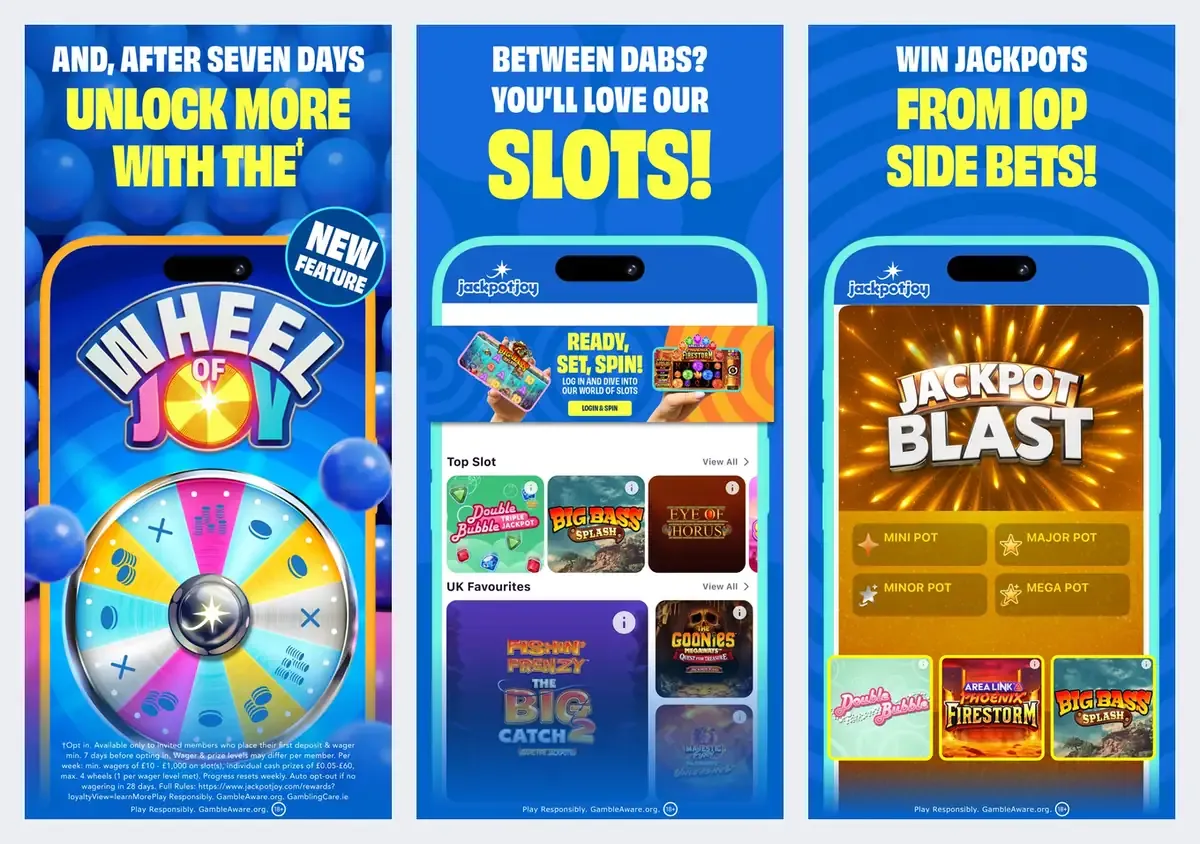 Jackpotjoy app screenshots from its app store listing: Wheel of Joy, slots and jackpots