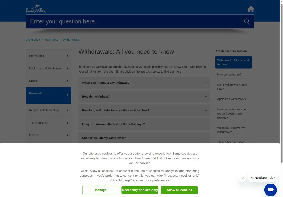 Jackpotjoy help article 'Withdrawals: All you need to know'
