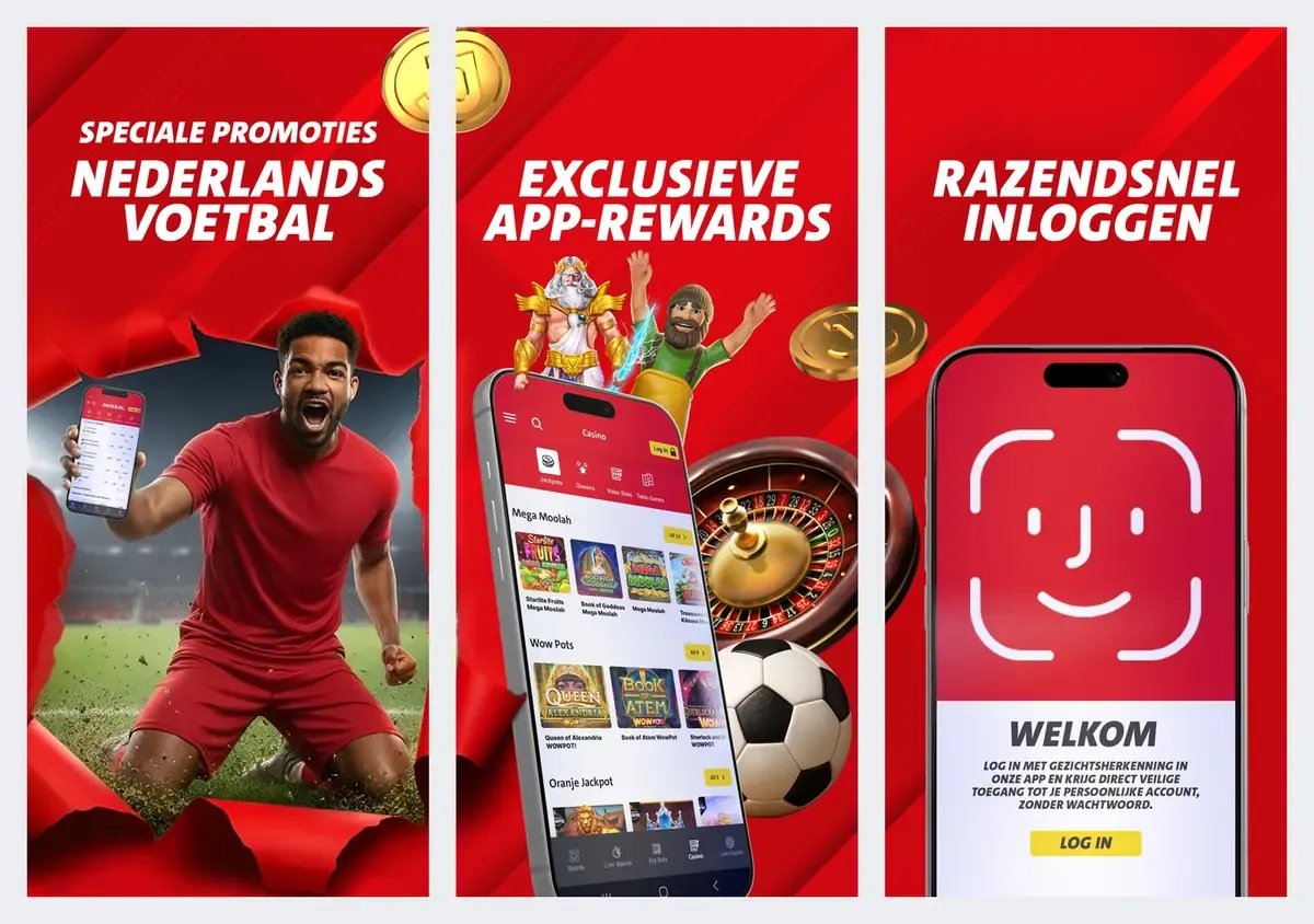 Jacks.nl app screenshots from its app store listing: promotions, app rewards and face login