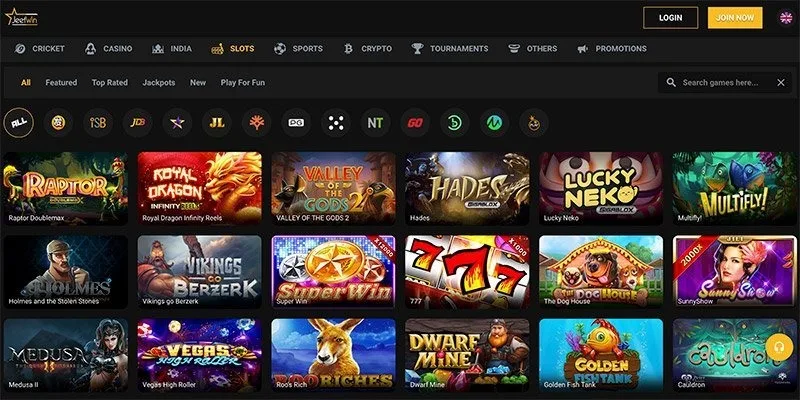 JeetWin games lobby screenshot: JeetWin slots lobby with a provider filter row and slots such as Raptor Doublemax Royal Dragon Infinity Reels and Lucky Neko