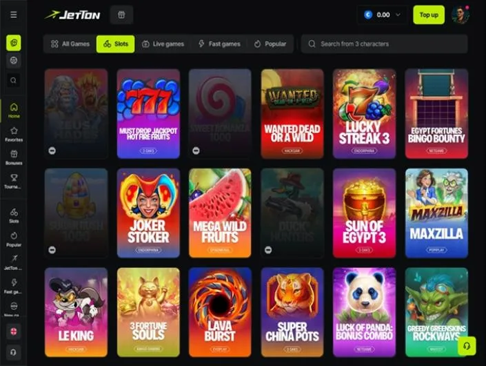 JetTon games lobby screenshot: Jetton slots lobby with tabs for All Games Slots Live games and Fast games and tiles such as Wanted Dead or a Wild