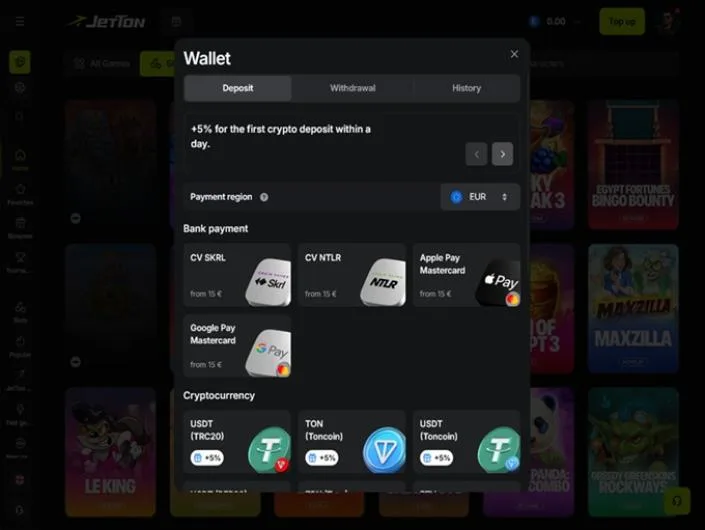JetTon cashier screenshot: Jetton wallet on the Deposit tab listing Skrill Neteller Apple Pay and Google Pay from 15 EUR plus USDT TRC20 TON and USDT on TON in the cryptocurrency section