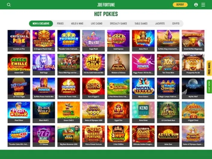 Joe Fortune games lobby screenshot: Joe Fortune 'Hot Pokies' lobby with category tabs and a grid of pokies such as Crystals on Fire and Gold Express