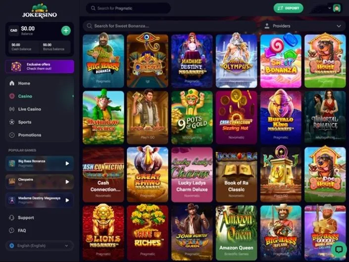 Jokersino games lobby screenshot: Jokersino casino lobby with provider filter and slots such as Big Bass Bonanza and Gates of Olympus