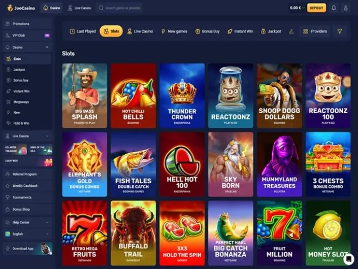 Joo Casino games lobby screenshot: Joo Casino slots lobby with tiles such as Big Bass Splash Hot Chilli Bells and Thunder Crown