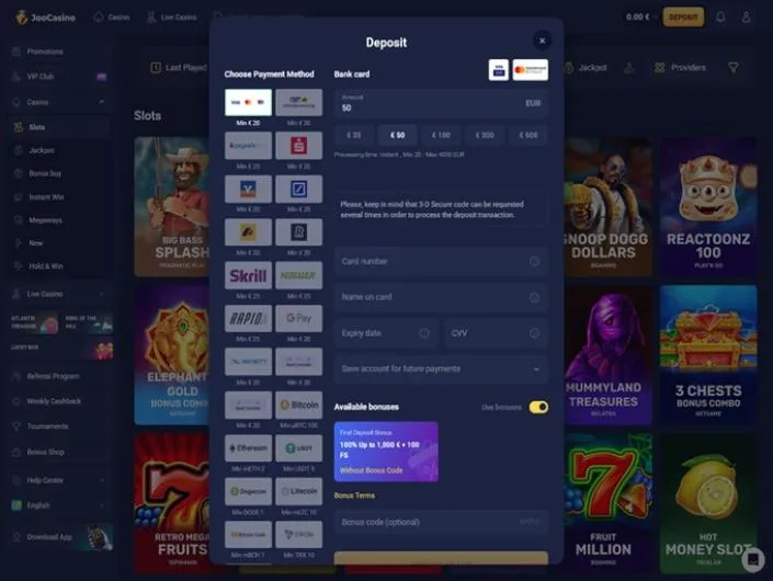 Joo Casino cashier screenshot