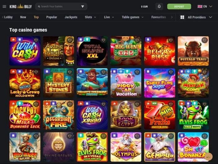 King Billy Casino games lobby screenshot: King Billy 'Top casino games' lobby with tabs for New Top Popular Jackpots and Slots