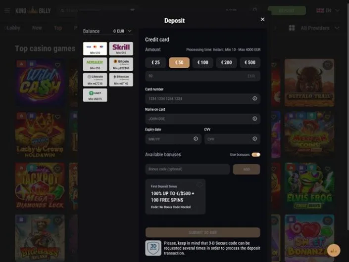 King Billy Casino cashier screenshot: King Billy deposit window with credit card selected (instant, 10 to 4,000 EUR) and Skrill Neteller Bitcoin Litecoin Ethereum and USDT options