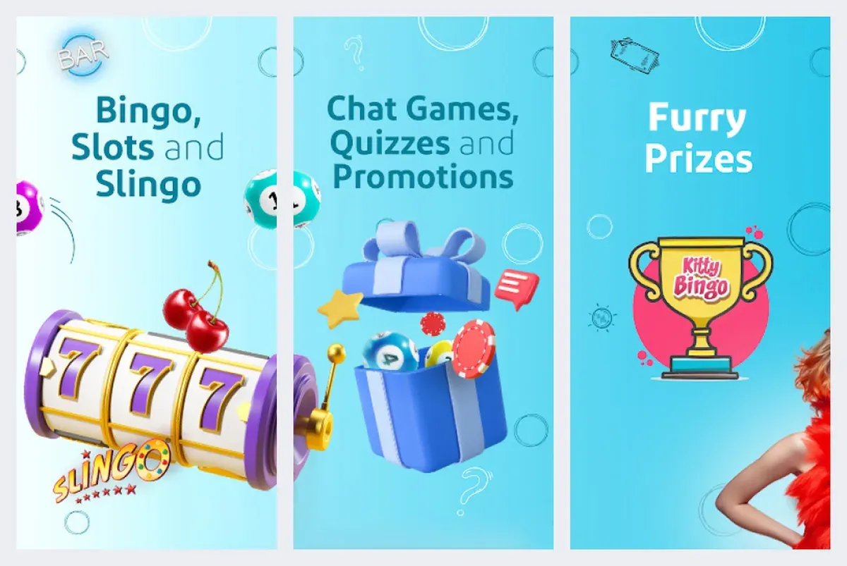 Kitty Bingo app screenshots from its app store listing: bingo, slots and Slingo
