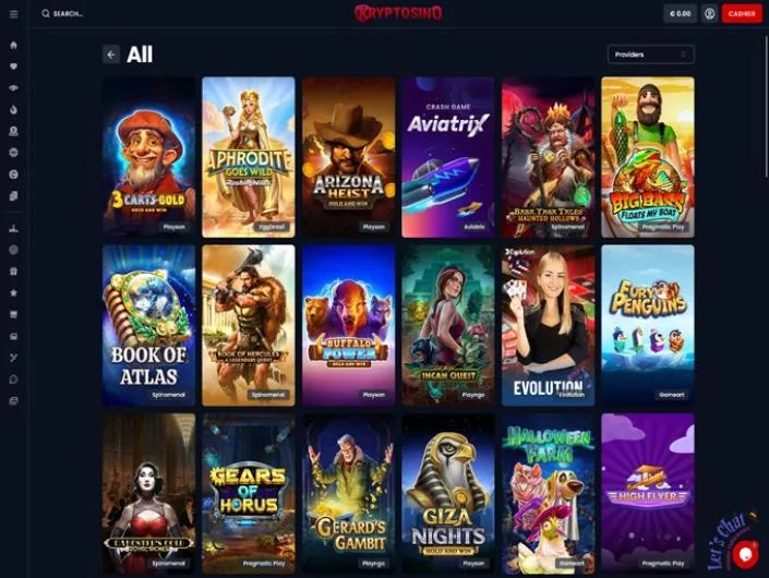 Kryptosino games lobby screenshot: Kryptosino 'All' games lobby with tiles such as 3 Carts of Gold Aviatrix and Book of Atlas