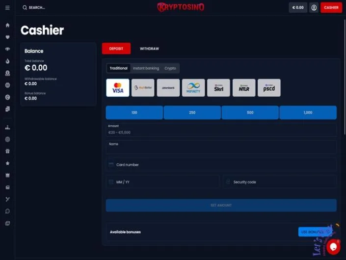 Kryptosino cashier screenshot: Kryptosino cashier on the Deposit tab with Traditional Instant banking and Crypto tabs, card MuchBetter Jeton MiFinity Skrill Neteller and paysafecard, and a 20 to 5,000 EUR range