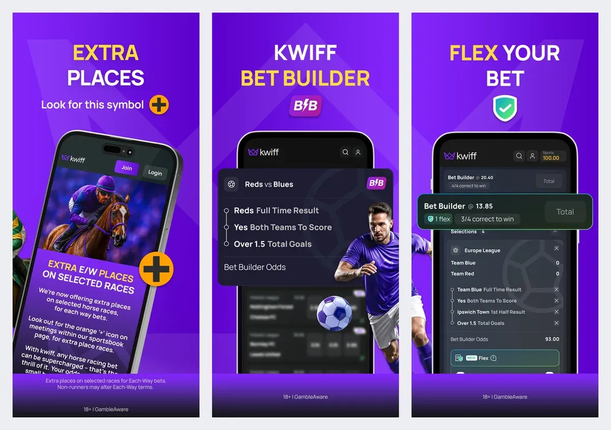 Kwiff app screenshots from its app store listing: extra places and Bet Builder