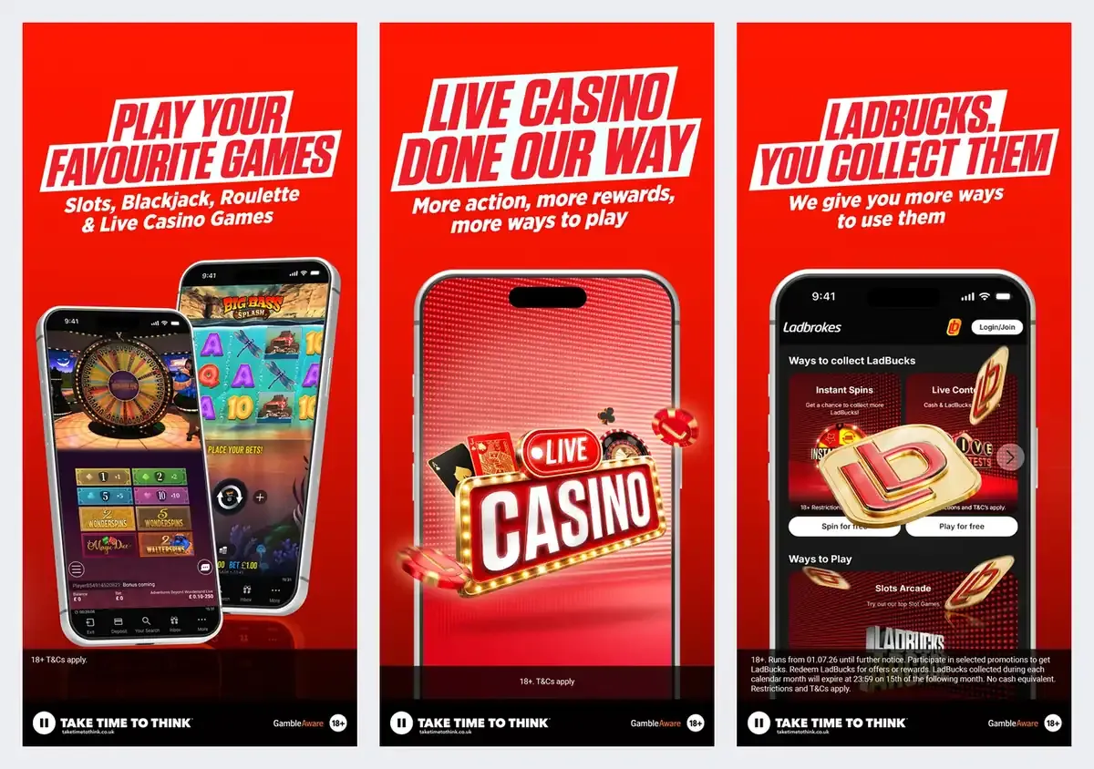 Ladbrokes app screenshots from its app store listing: games, live casino and Ladbucks
