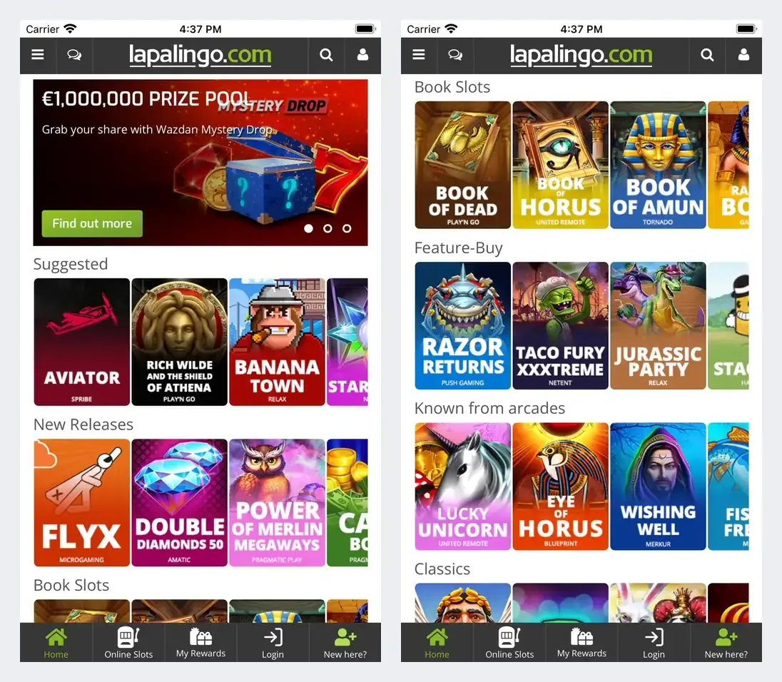Lapalingo app screenshots from its app store listing: slot categories