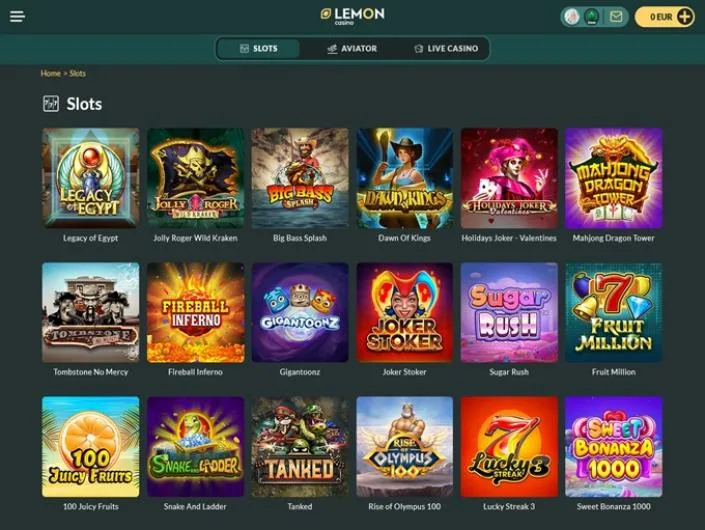 Lemon Casino games lobby screenshot: Lemon Casino slots lobby with tiles such as Legacy of Egypt Big Bass Splash and Sugar Rush