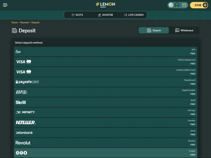 Lemon Casino cashier screenshot: Visa and Mastercard, credit and debit cards, paysafecard Rapid Transfer Skrill MiFinity Neteller Jeton