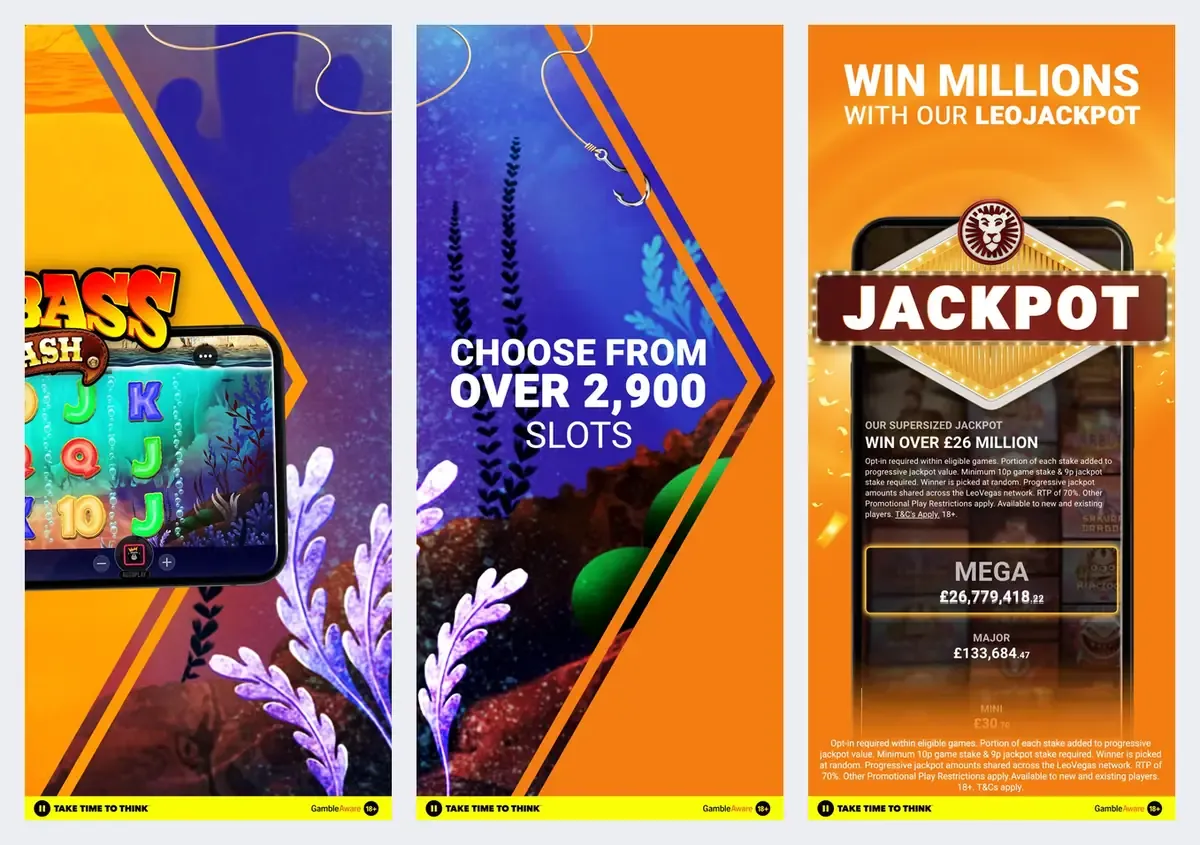 LeoVegas app screenshots from its app store listing: slots and the Leojackpot