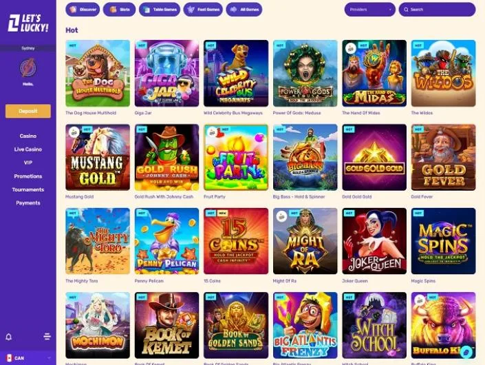 Let's Lucky games lobby screenshot: Let's Lucky 'Hot' lobby with slots such as The Dog House Multihold and Giga Jar and a left menu