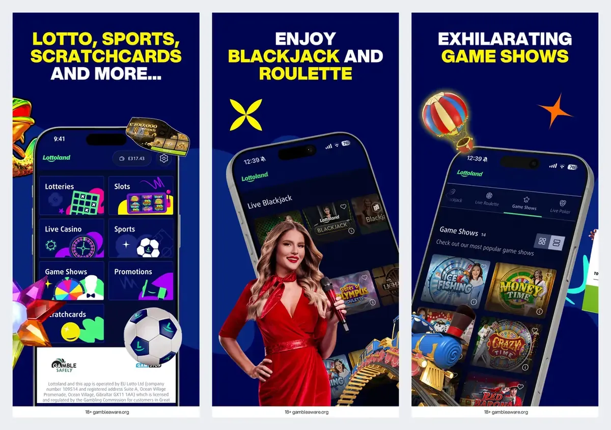 Lottoland app screenshots from its app store listing: lotteries, live games and game shows