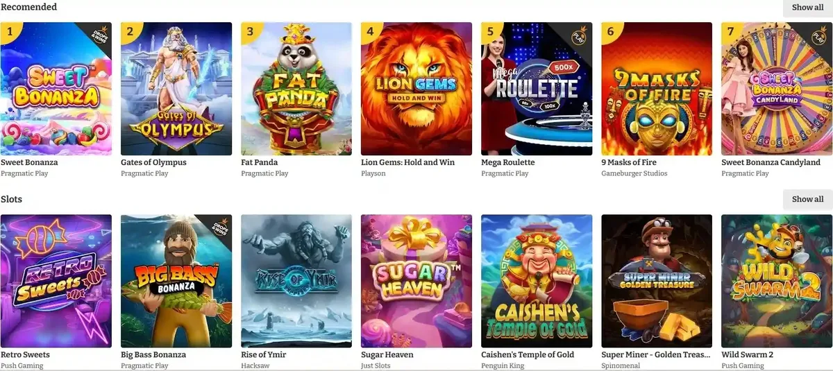 Lucky Spins games lobby screenshot: Gates of Olympus Lion Gems) and Slots (Big Bass Bonanza Rise of Ymir) rows