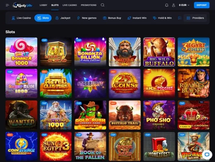 Lucky Vibe games lobby screenshot: LuckyVibe slots lobby with category tabs and tiles such as Sweet Bonanza 1000 and Big Wild Buffalo