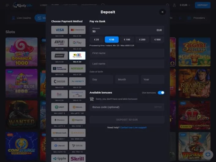 Lucky Vibe cashier screenshot: LuckyVibe deposit window with Pay via Bank selected (instant, 20 to 4,000 EUR) and a column of cards Rapid Google Pay Sofort, bank transfer Neteller CashtoCode MiFinity, crypto and Skrill