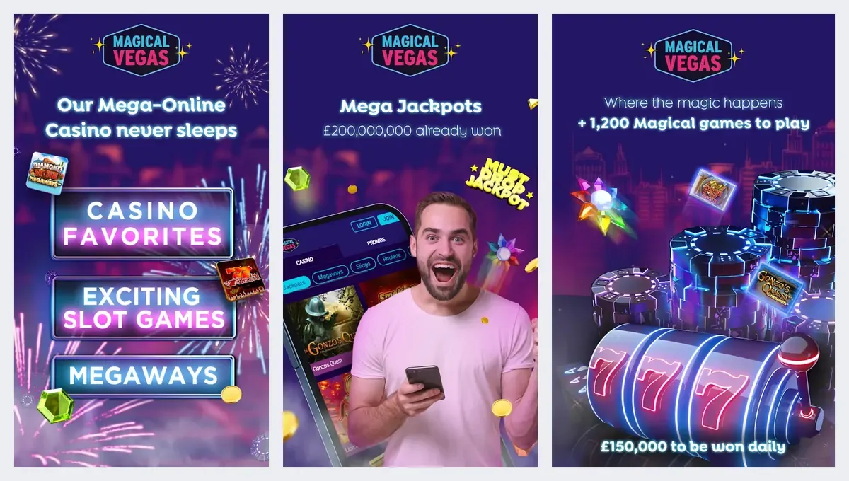 Magical Vegas app screenshots from its app store listing: casino favourites and jackpots