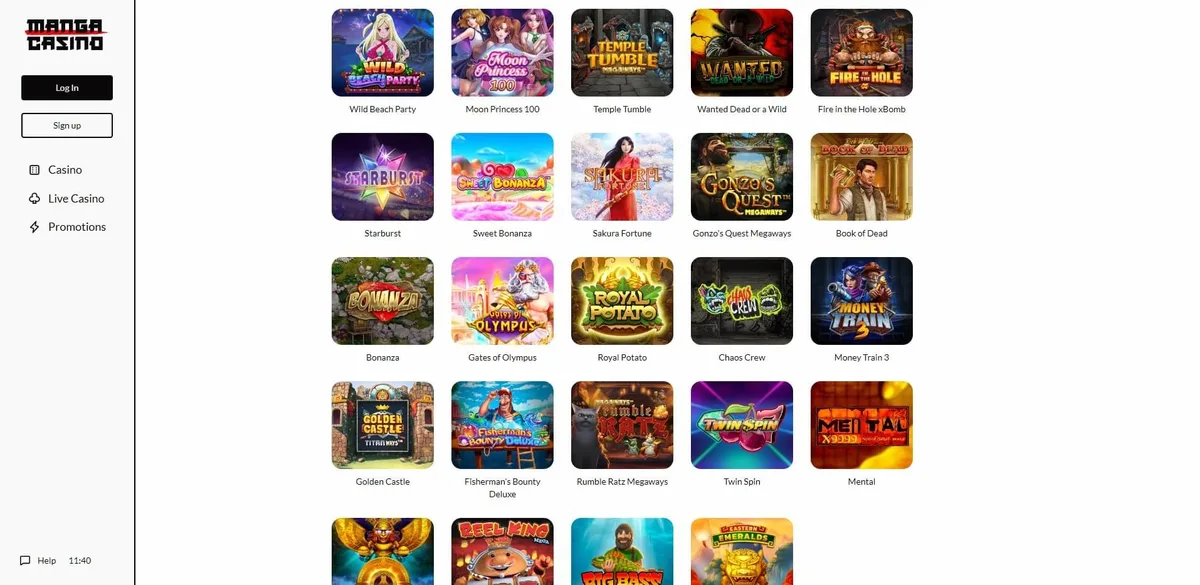 Manga Casino games lobby screenshot: Manga Casino games lobby with a grid of slots such as Moon Princess 100 Temple Tumble Starburst Sweet Bonanza and Book of Dead