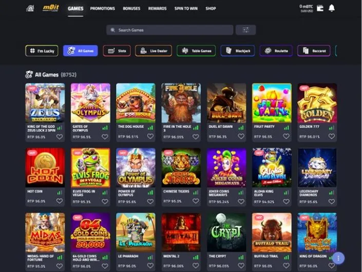 mBit Casino games lobby screenshot: mBit 'All Games (8752)' lobby with category buttons and slot tiles showing RTP values