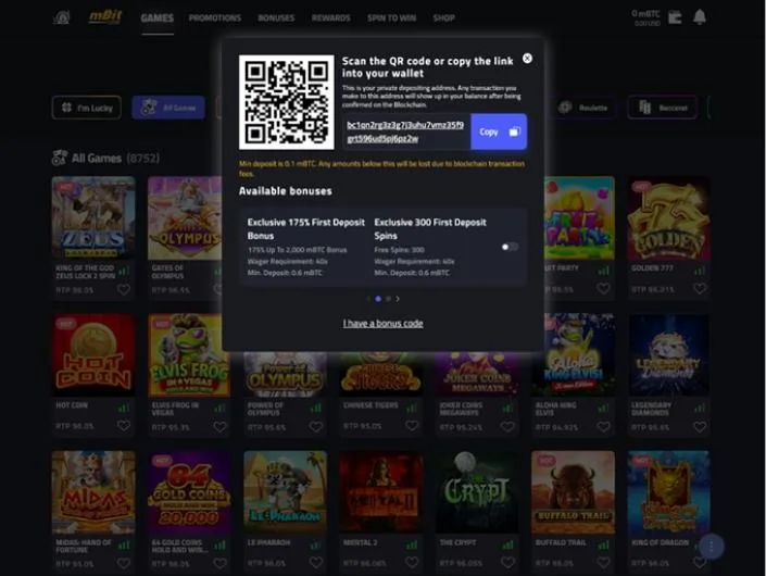 mBit Casino cashier screenshot