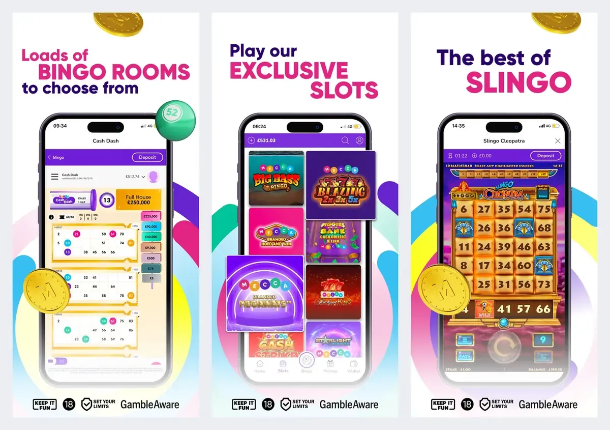 Mecca Bingo app screenshots from its app store listing: bingo rooms, slots and Slingo
