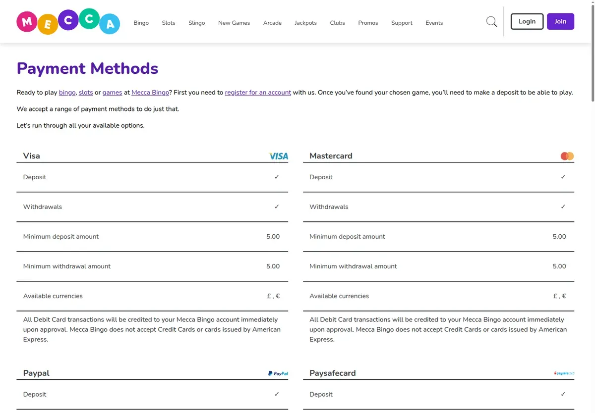 Mecca Bingo payment methods table: Visa and Mastercard deposits and withdrawals from £5