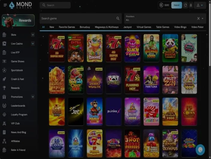 Mond Casino games lobby screenshot: Mond Casino game lobby with a provider filter, category tabs and a grid of slots and crash games such as JetX and Plinko X