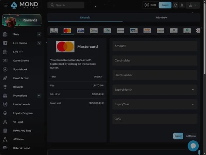Mond Casino cashier screenshot: Visa Google Pay Jeton CASHlib and crypto icons