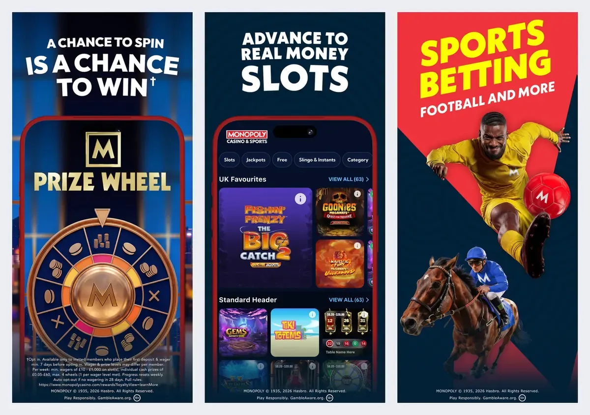 MONOPOLY Casino app screenshots from its app store listing: prize wheel, slots and sports